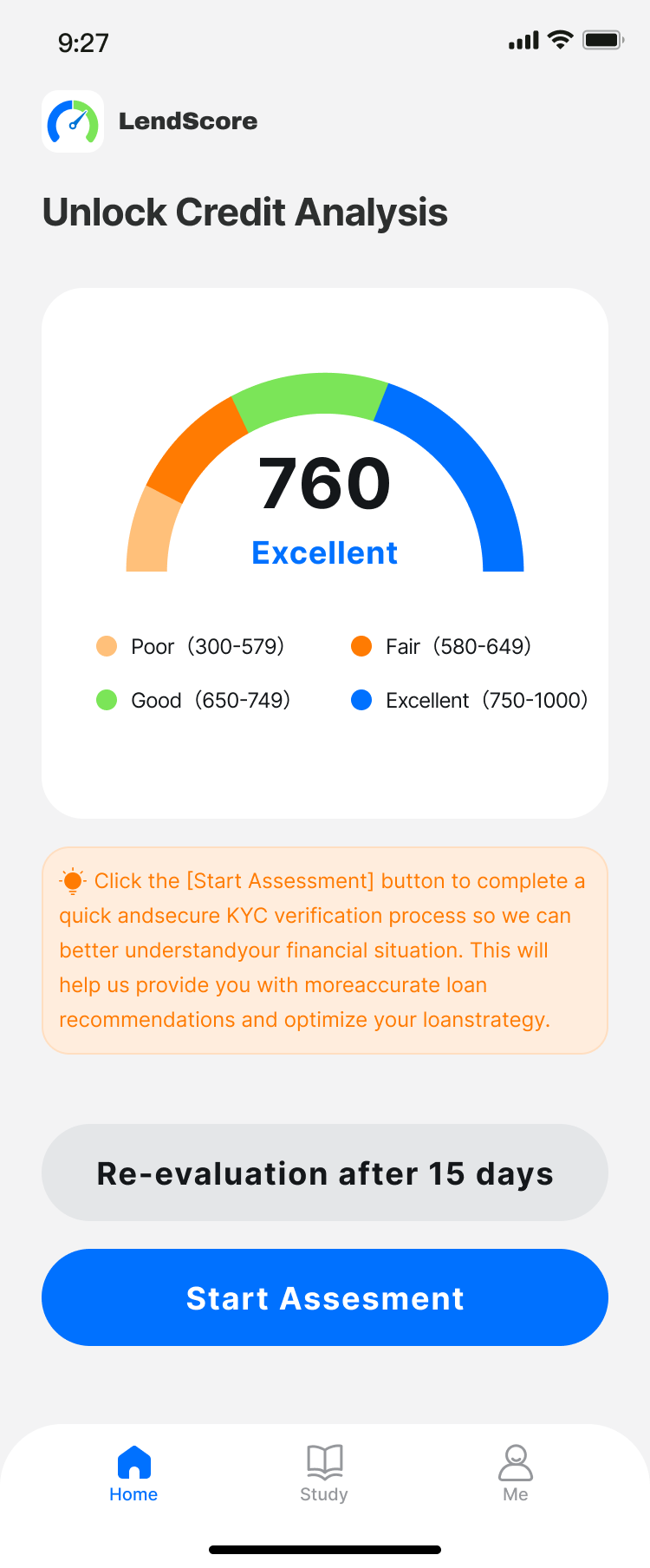 LendScore app — credit score 760 Excellent
